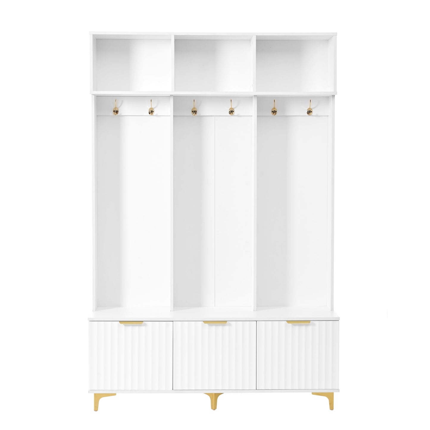 Large storage hall tree with bench, multifunctional storage platform, luxury clothes hanger equipped with 6 gold hooks - Korvel