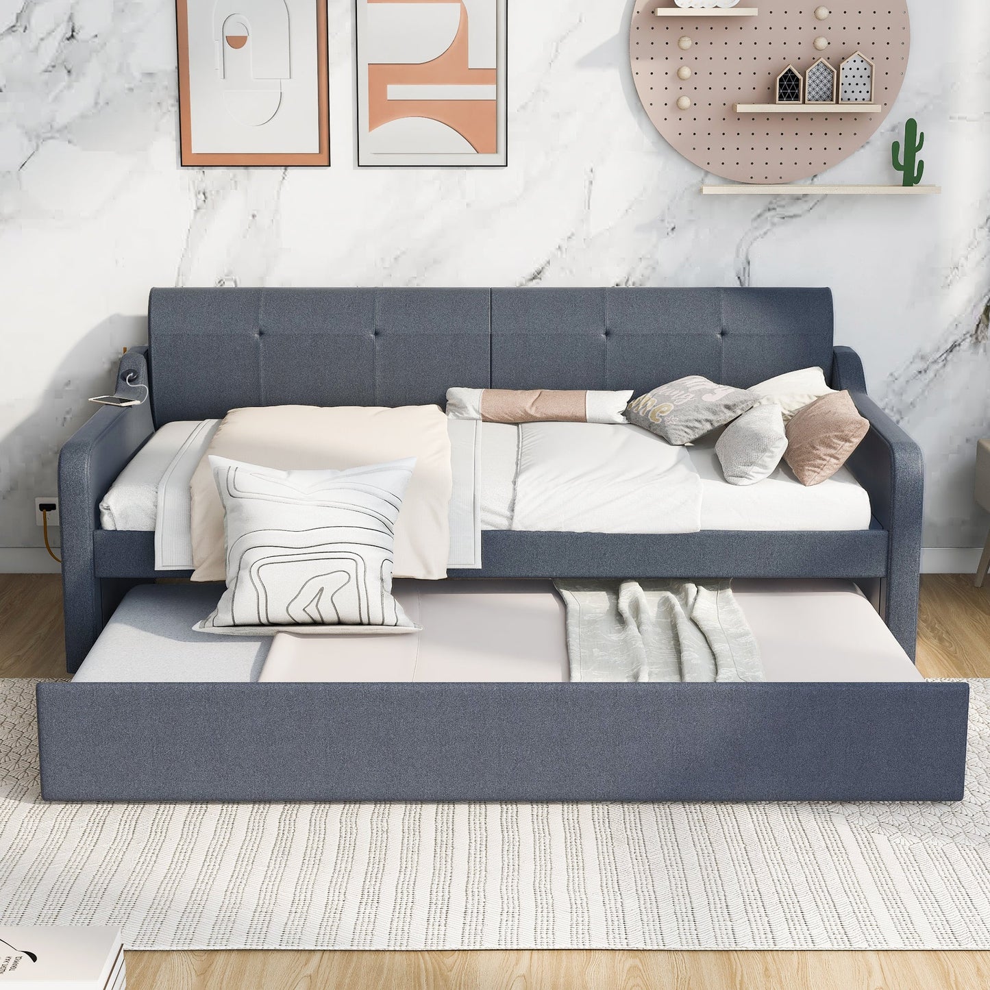 Twin Size Upholstery Daybed with Trundle & USB Charging - Gray