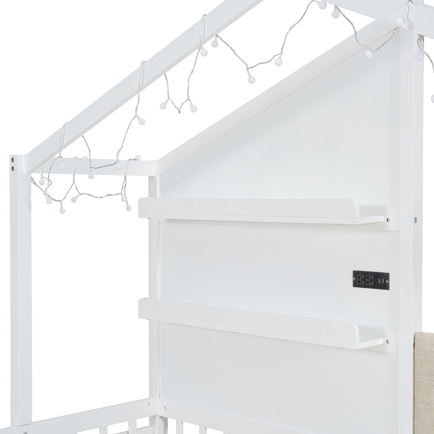Twin Size House Bed with Upholstered Sofa and Charging Station