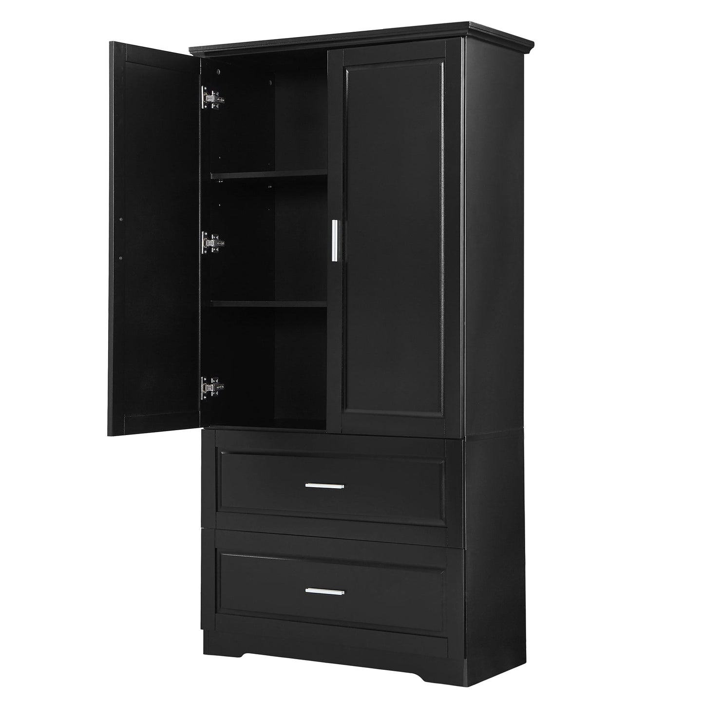Tall Bathroom Storage Cabinet, Cabinet with Two Doors and Drawers, Adjustable Shelf, MDF Board, Black - Korvel