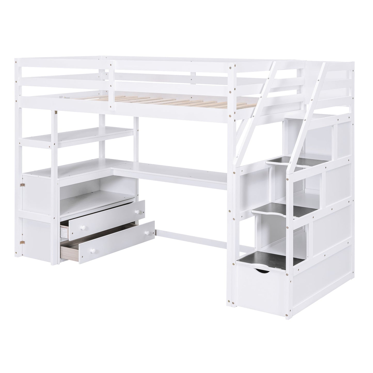 Twin Size Loft Bed with Desk and Shelves  Two Built-in Drawers  Storage Staircase White - Korvel