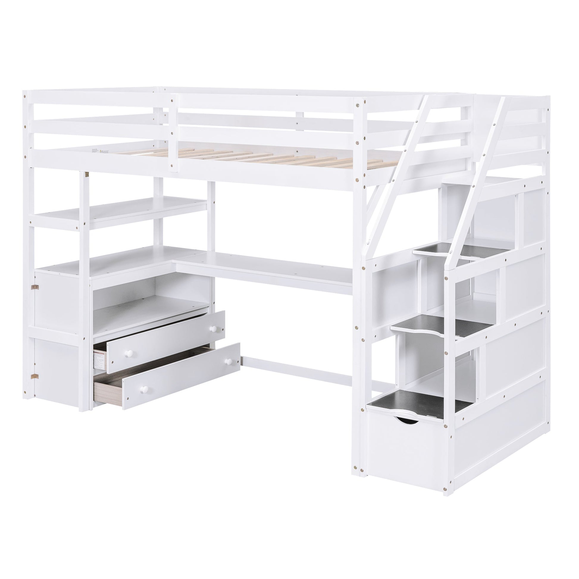 Twin Size Loft Bed with Desk and Shelves  Two Built-in Drawers  Storage Staircase White - Korvel