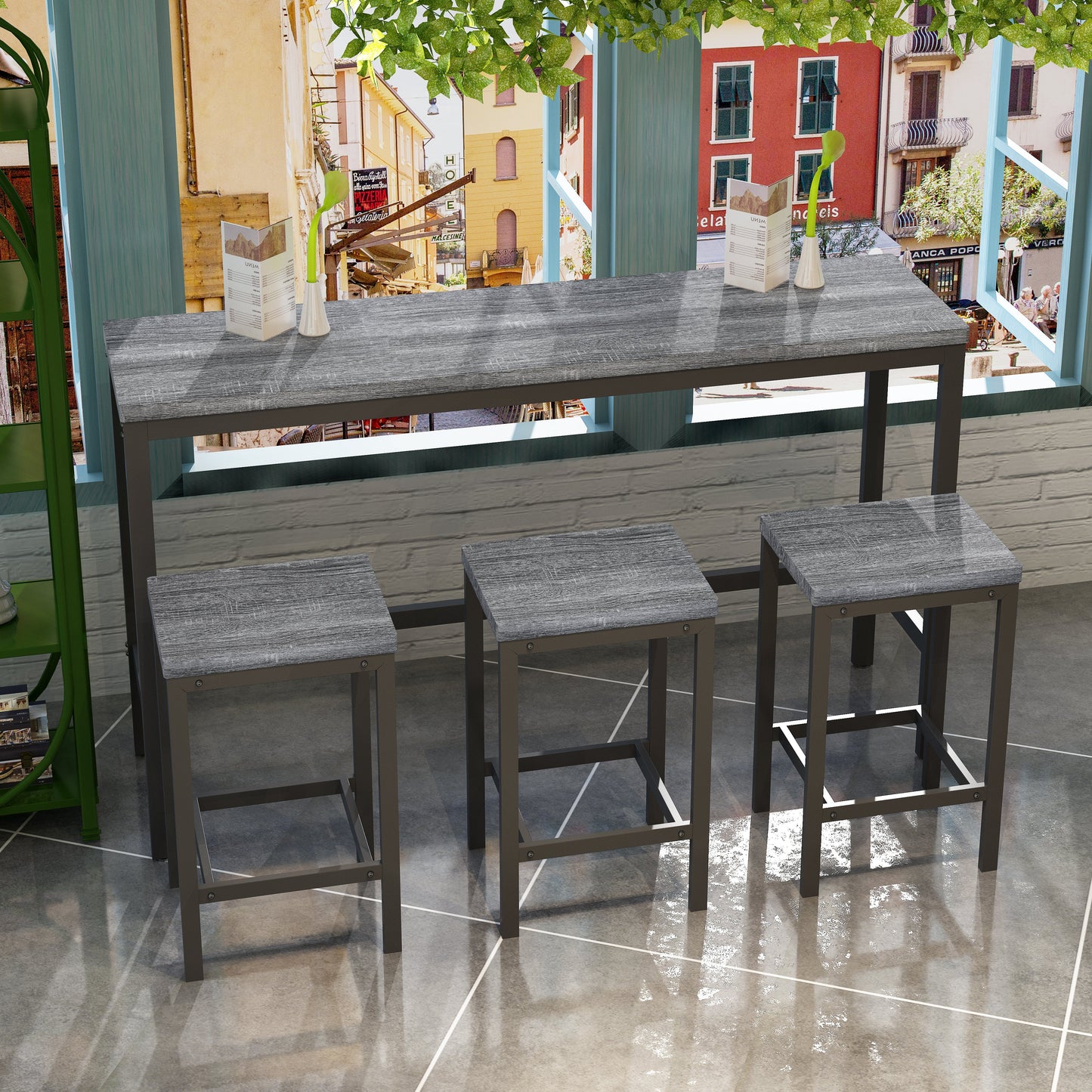 Modern Design Kitchen Dining Table Pub Table Long Dining Table Set with 3 Stools Easy Assembly Gray - Korvel