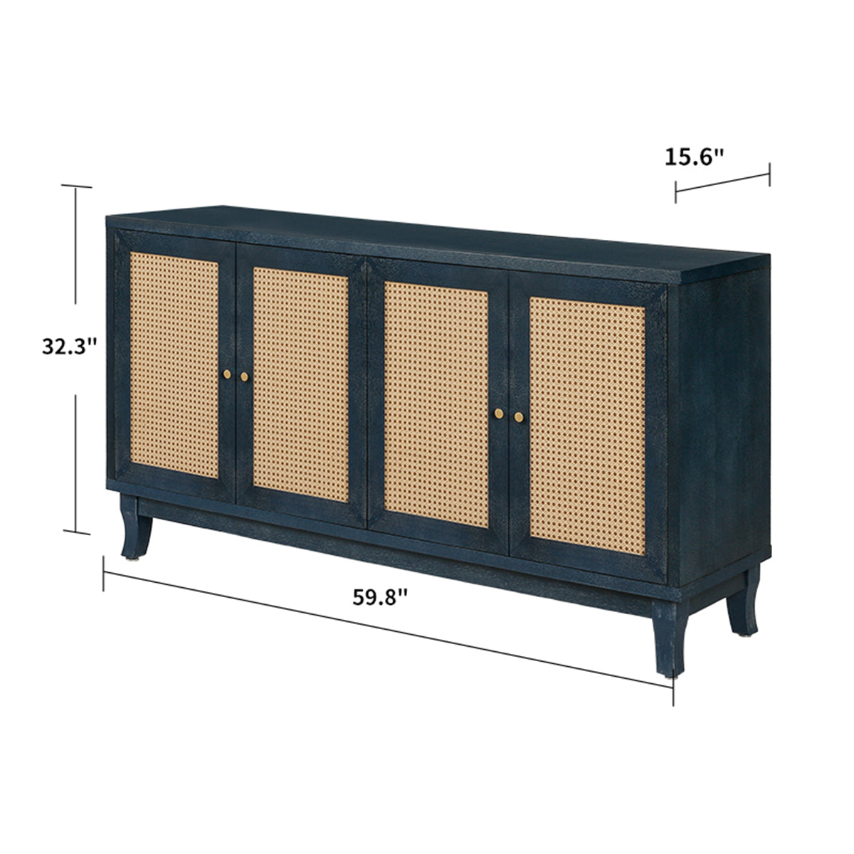 Handcrafted Premium Grain Panels Rattan Sideboard Buffer Cabinet Accent Storage Cabinet With 4 Rattan Doors BLUE - Korvel