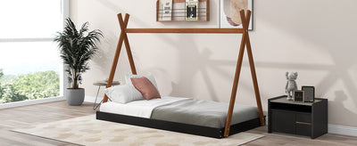 Twin Size Tent Floor Bed with Triangle Structure, Black+Brown - Korvel