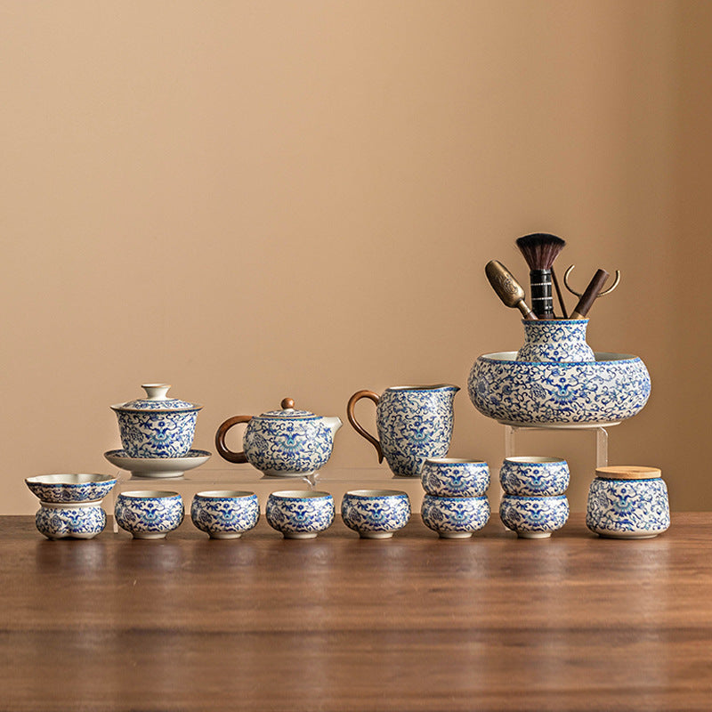 Kung Fu tea set blue and white lotus tea pot fair cup tea can ceramic lid bowl - Korvel