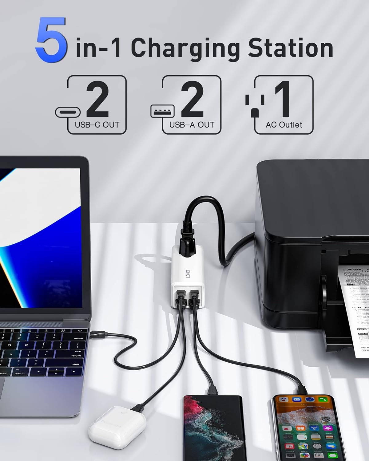 USB C Charger, MANTO 65W 5-in-1 GaN USB Charging Station, Super Fast Charger with 2 USB C Ports, 2 USB Ports and 1 Outlet - Korvel