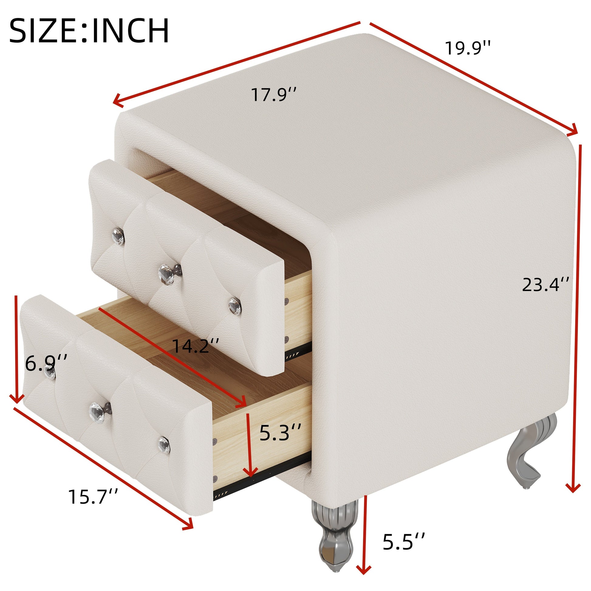 Elegant PU bedside table with 2 drawers and crystal handles, storage with metal legs - white - Korvel