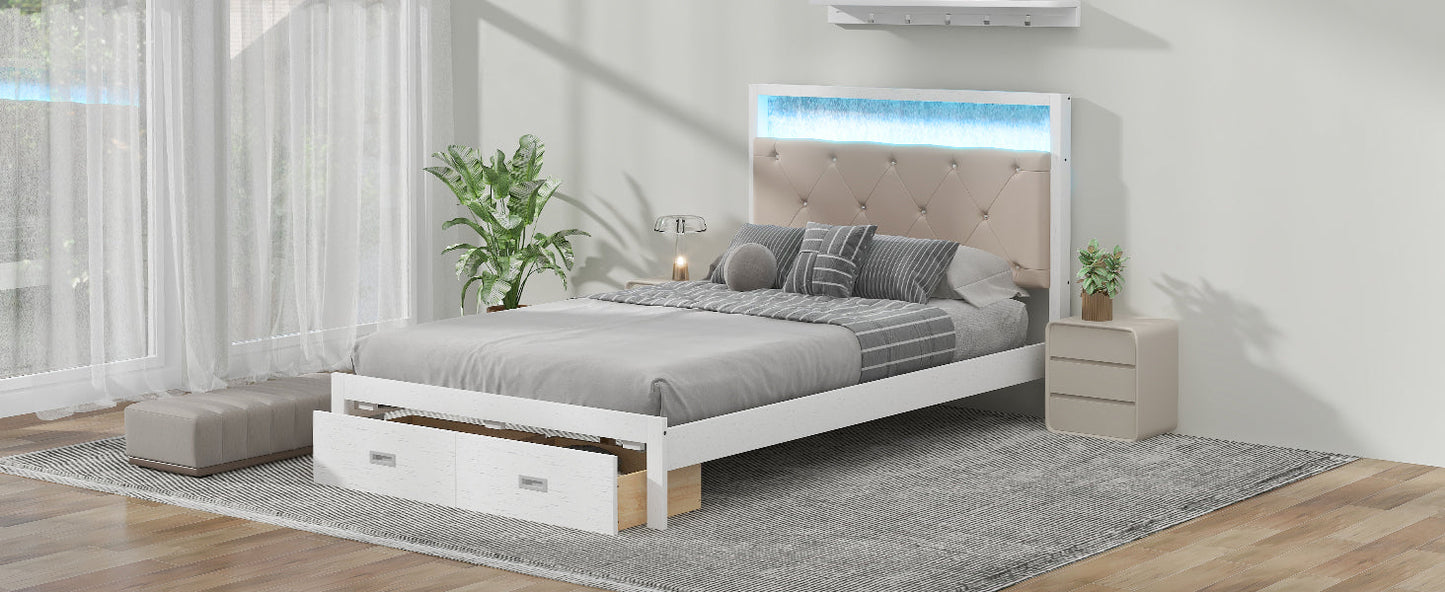 Wood Full Size Platform Bed with Upholstered Headboard and LED and 2 Drawers, Antique White - Korvel