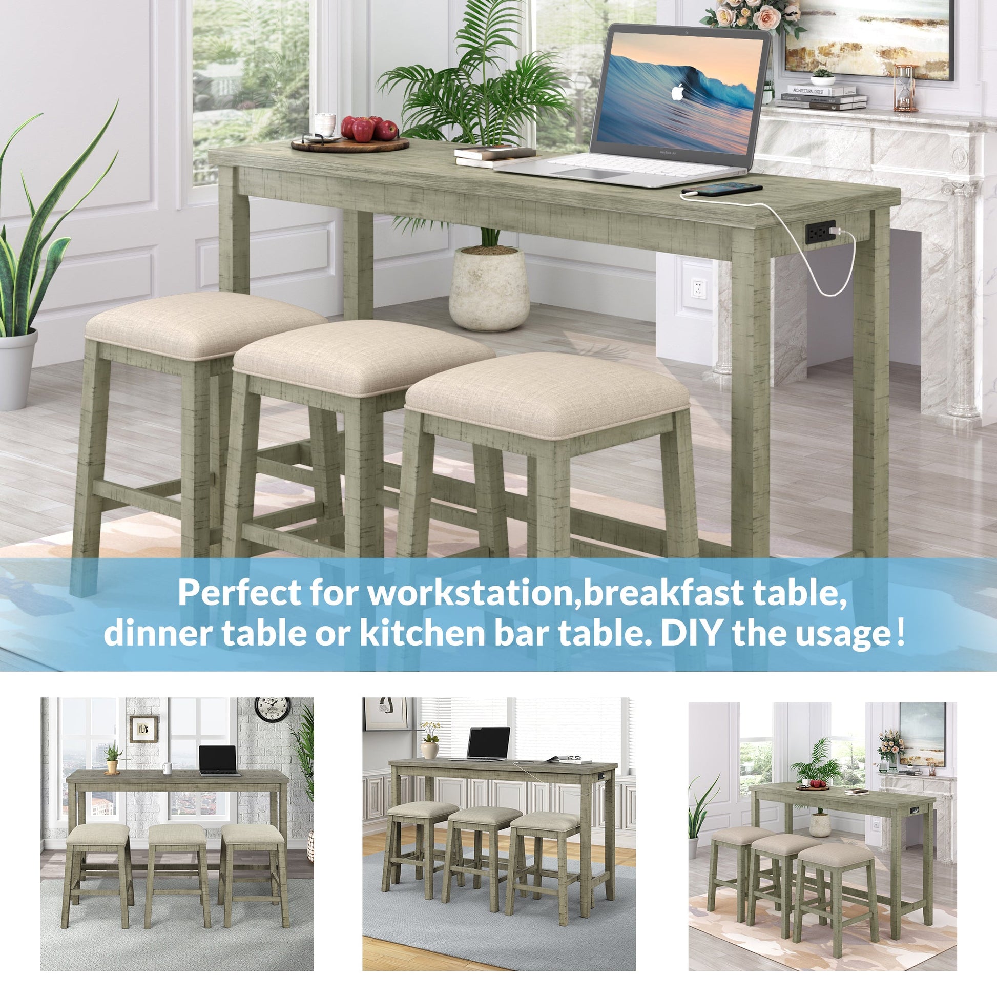 TOPMAX 4 Pieces Counter Height Table with Fabric Padded Stools,Rustic Bar Dining Set with Socket,Gray Green - Korvel