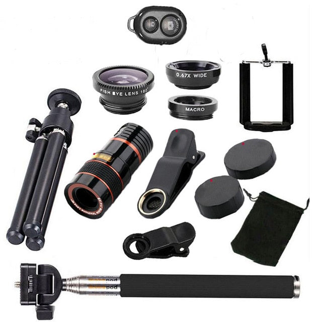 10 in 1 Kits 12x Zoom Telephoto Lens Fish eye Lens Wide Angle Macro Lenses Cell Phone Mobile Tripod - Korvel