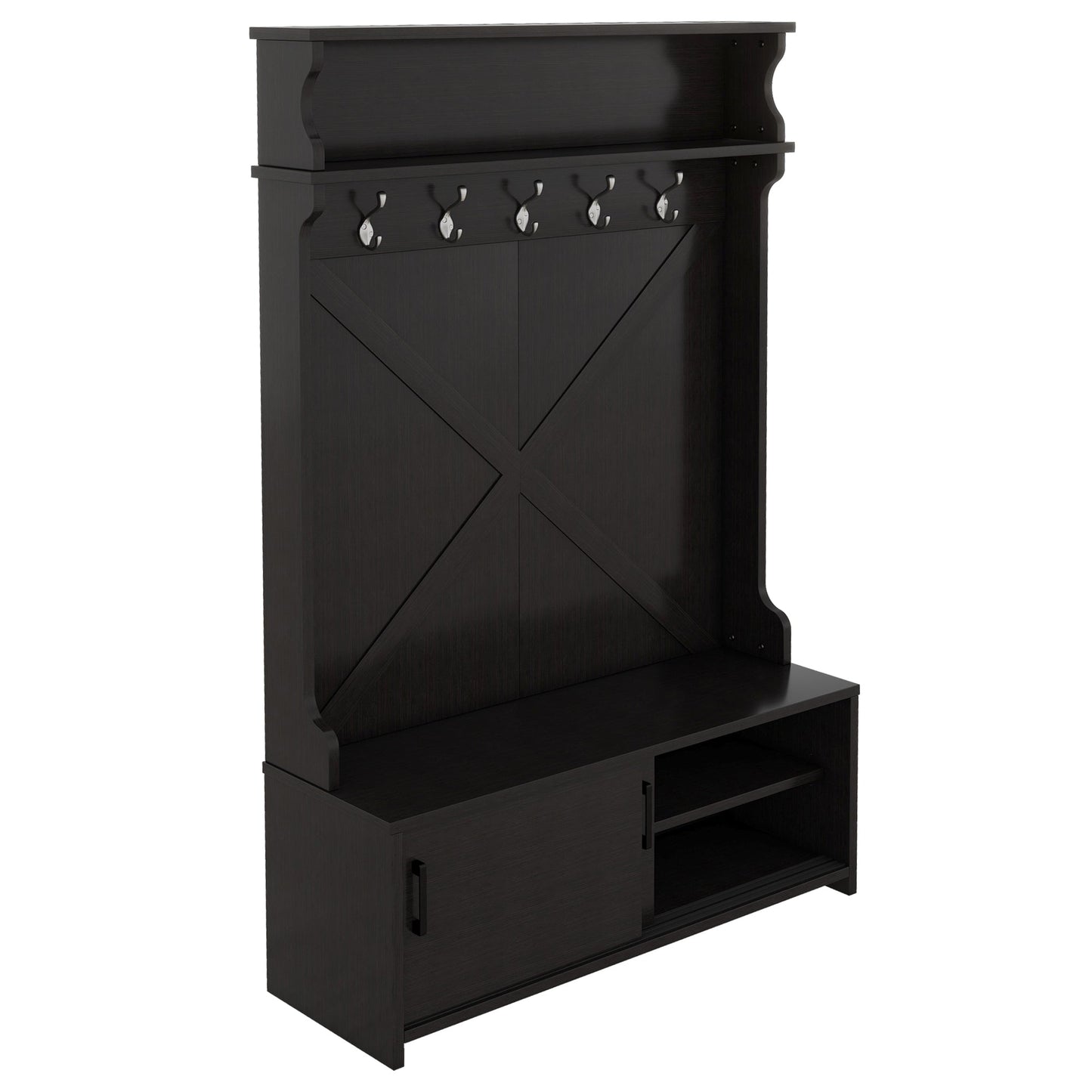 Hall tree with roof rack and storage platform, corridor shoe cabinet with sliding door, clothes hanger with 5 hooks black - Korvel
