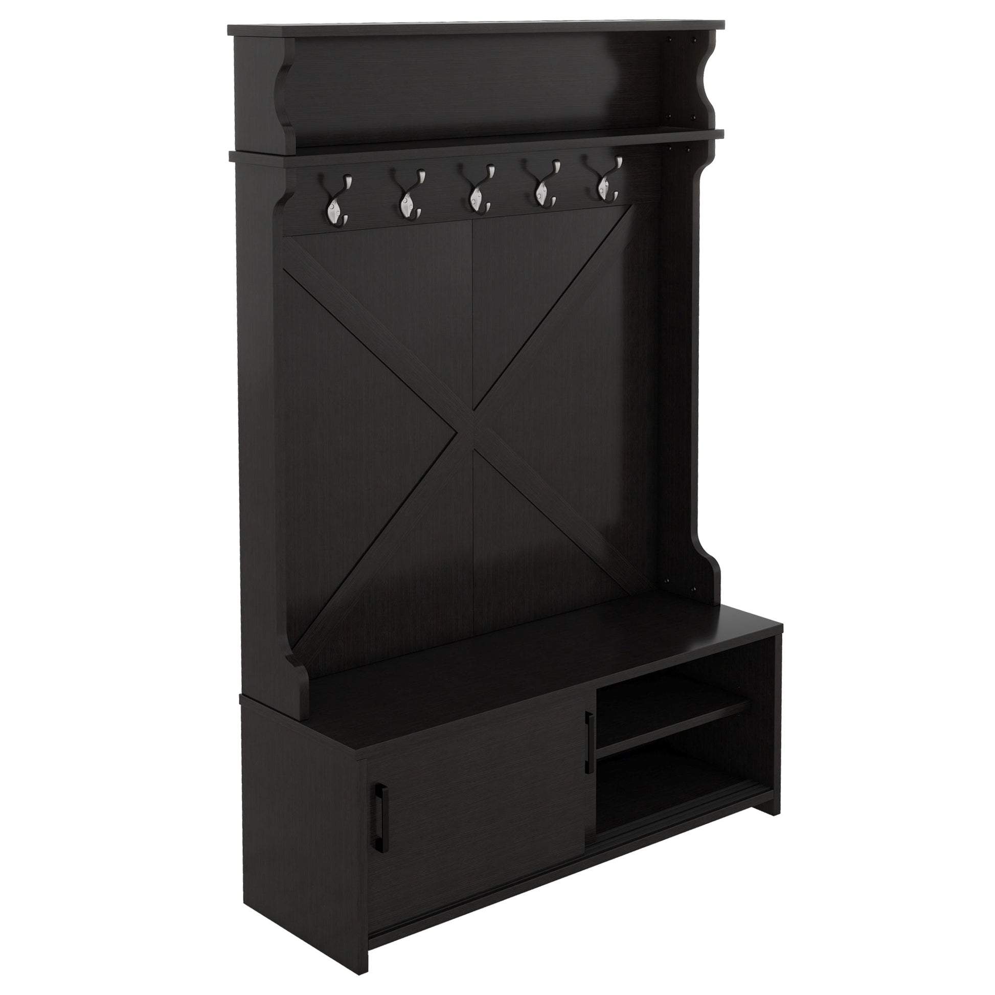Hall tree with roof rack and storage platform, corridor shoe cabinet with sliding door, clothes hanger with 5 hooks black - Korvel