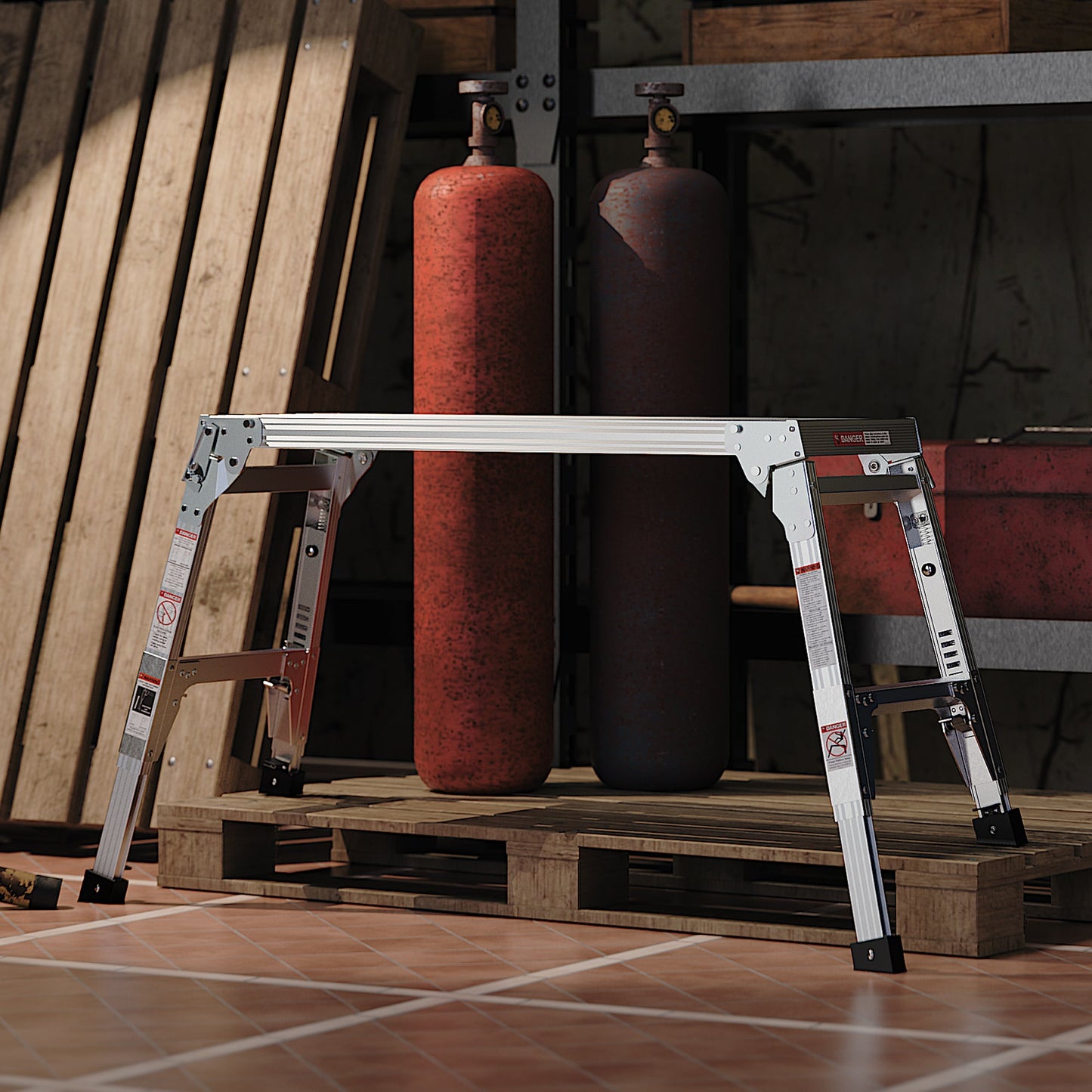 Aluminum Work Platform Large Size Step Stool Folding Portable Work Bench 40" Width Telescopic Feet 22" -27.5" Height Adjustable - Korvel