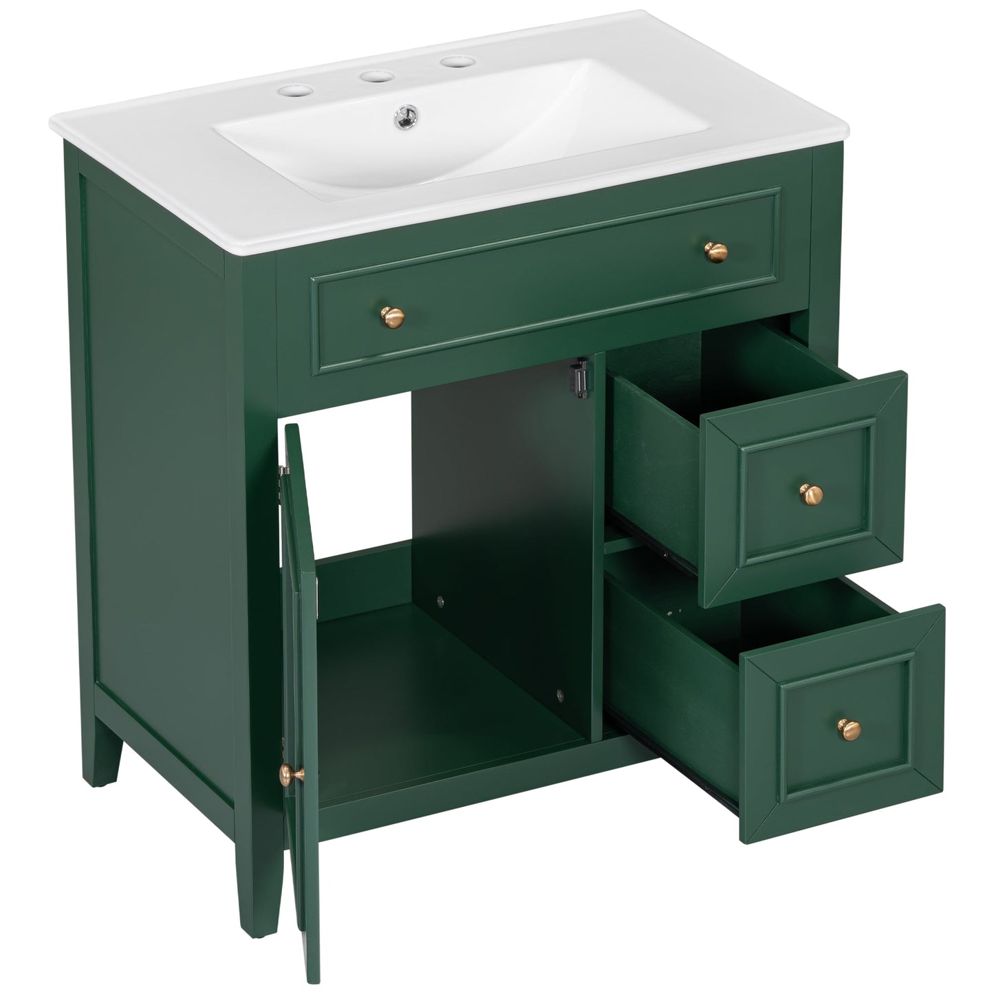 Vanidad de baño verde de 30" con lavabo y almacenamiento