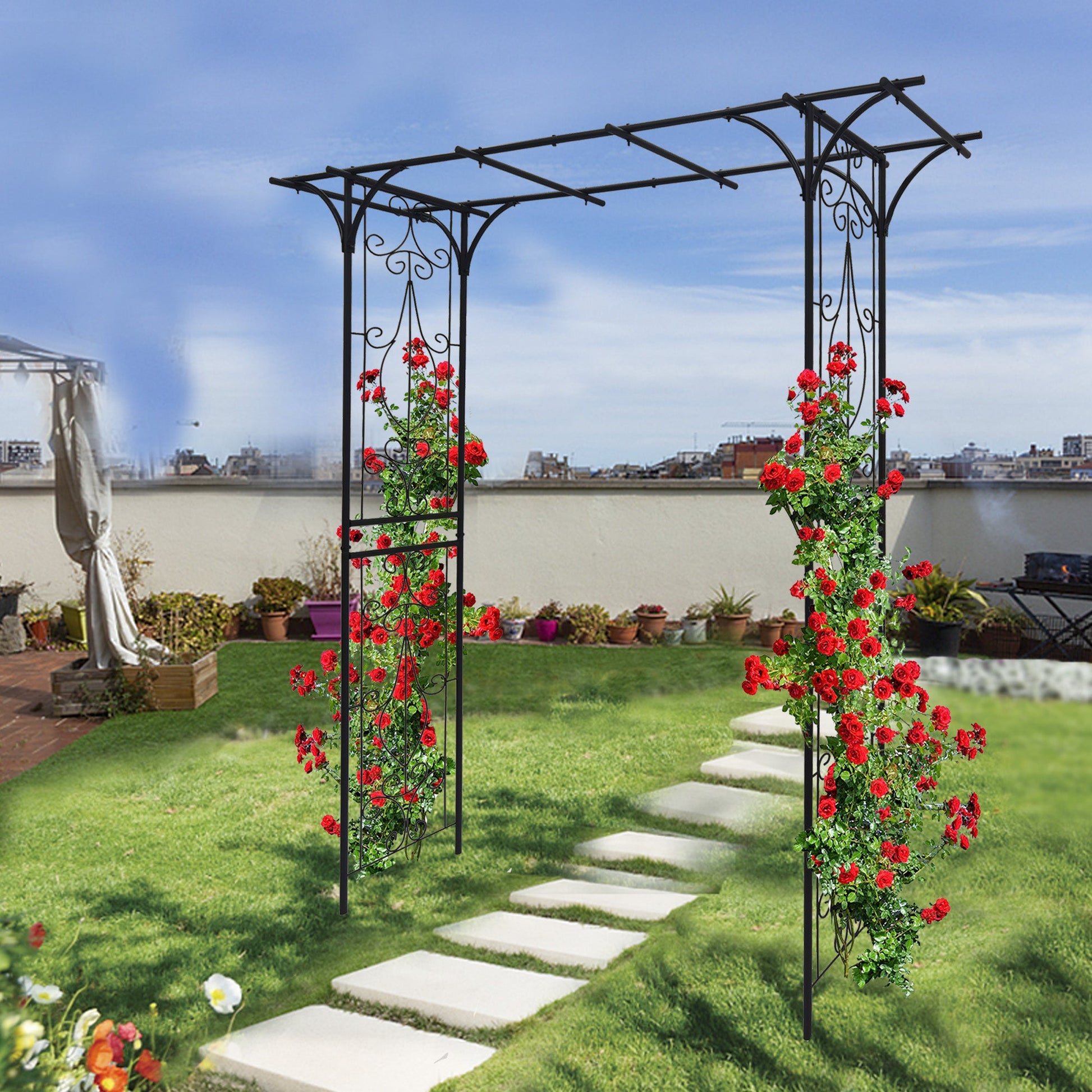 Metal Garden Arch L80.3'' x W20.47'' x H81.1'' Climbing Plants Support Rose Arch Outdoor Black - Korvel