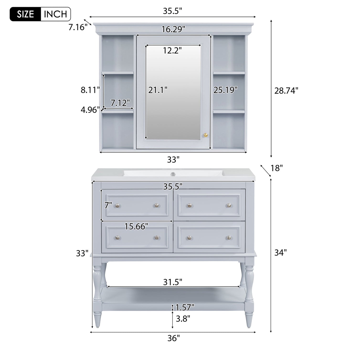 36'' Bathroom Vanity with Medicine Cabinet, Modern Mirror Cabinet with Adjustable Shelf, Bathroom Storage Cabinet with 4 Drawers - Korvel