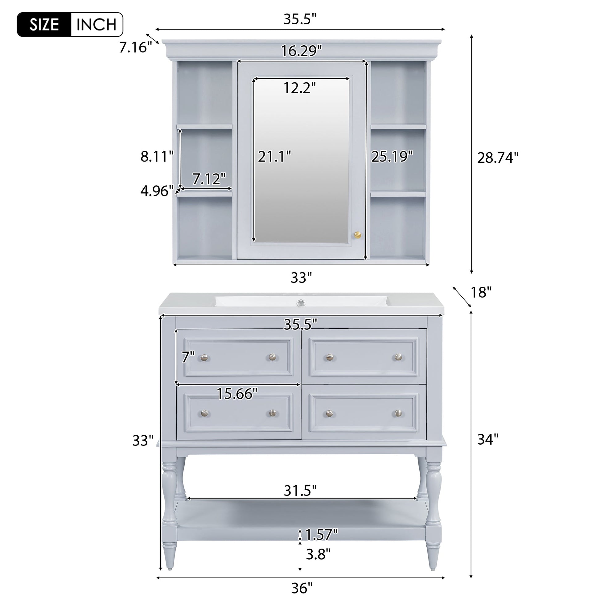 36'' Bathroom Vanity with Medicine Cabinet, Modern Mirror Cabinet with Adjustable Shelf, Bathroom Storage Cabinet with 4 Drawers - Korvel