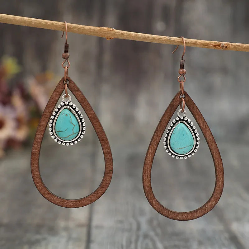 Wooden Turquoise Cutout Teardrop Earrings - Korvel