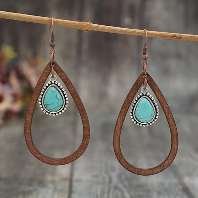 Wooden Turquoise Cutout Teardrop Earrings - Korvel