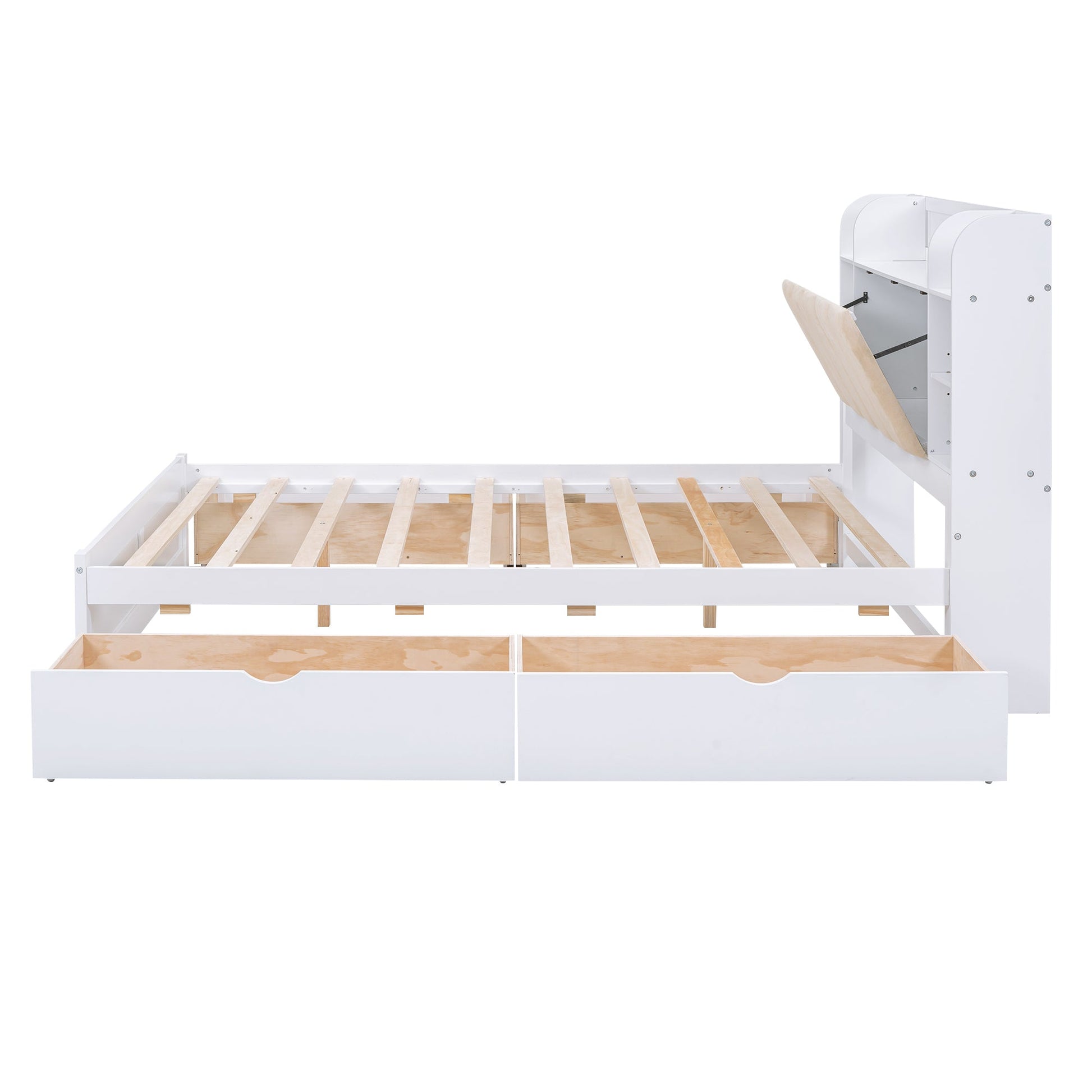 Wood Queen Size Platform Bed with Storage Headboard  Shelves and 4 Drawers  White - Korvel