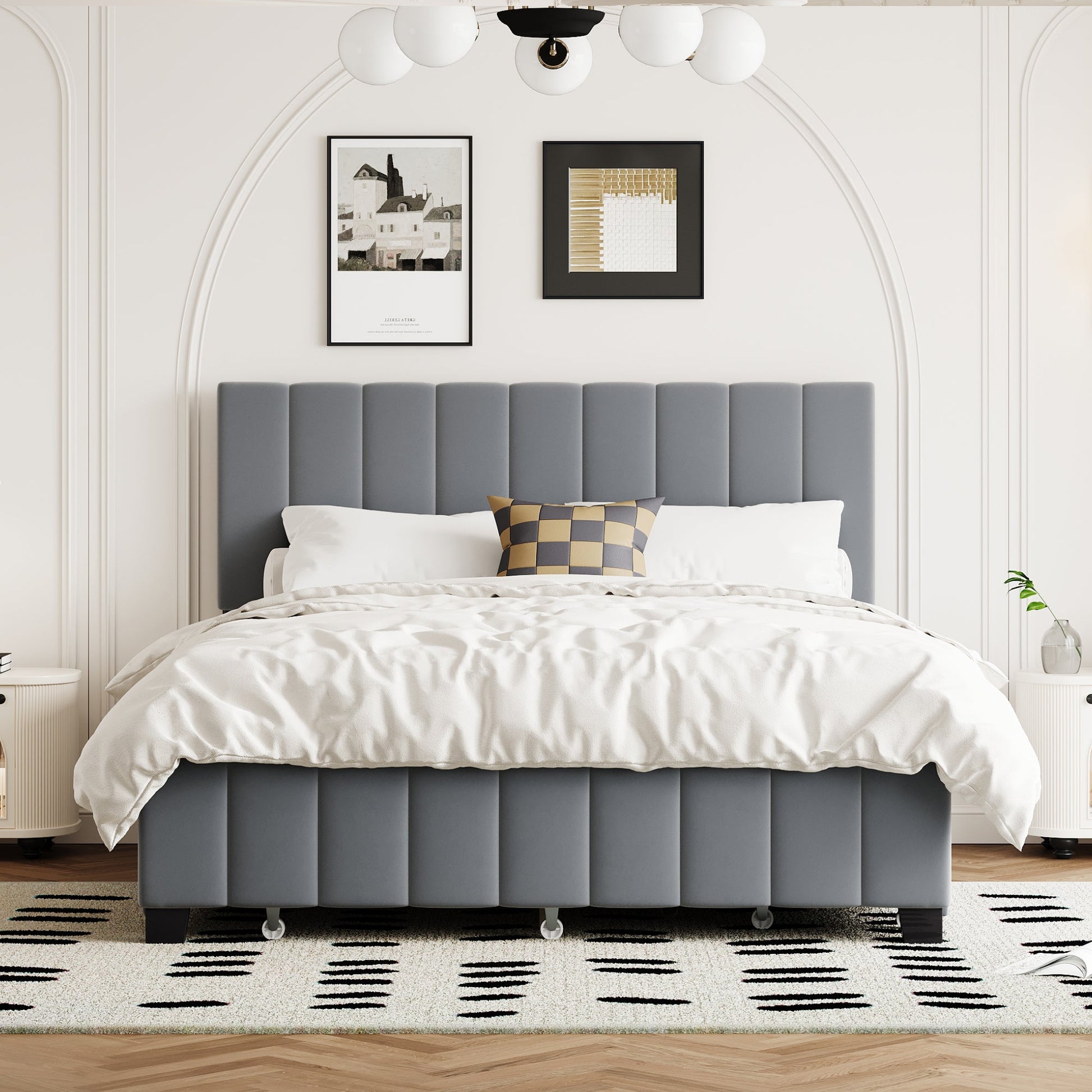 Queen Size Velvet Upholstered Platform Bed with 2 Drawers and 1 Twin XL Trundle- Gray - Korvel