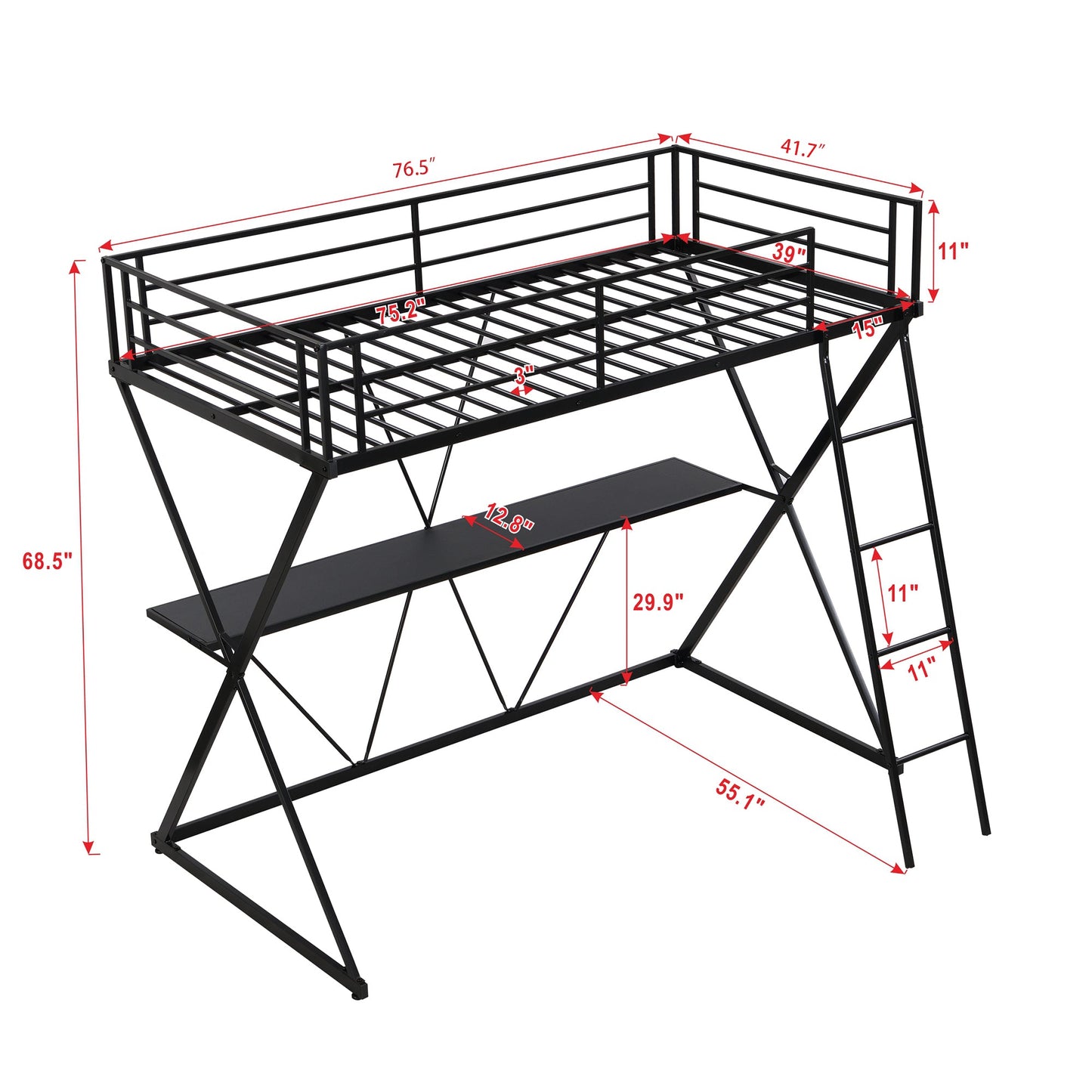 Premium Twin Size Loft Bed with Desk and Guardrails - Black