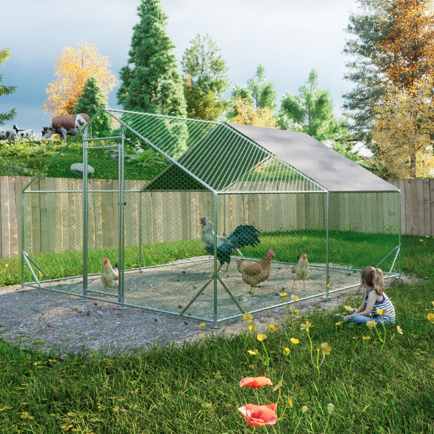 Large metal chicken cage, galvanized iron ribbon waterproof and UV resistant cover (10 'long x 13' wide x 6.56 'high) - Korvel