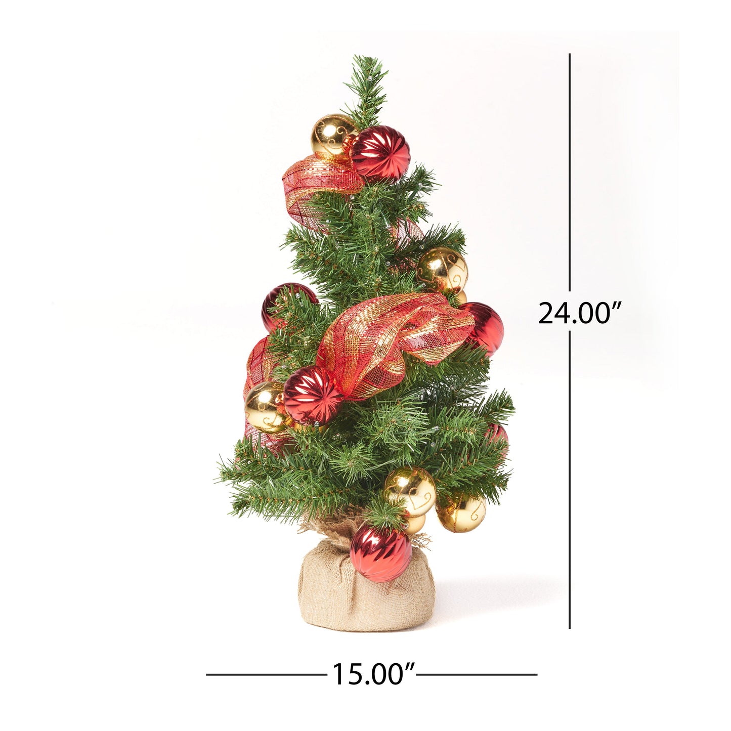Árbol de yute rojo y dorado de 2' con 50 luces LED blancas cálidas