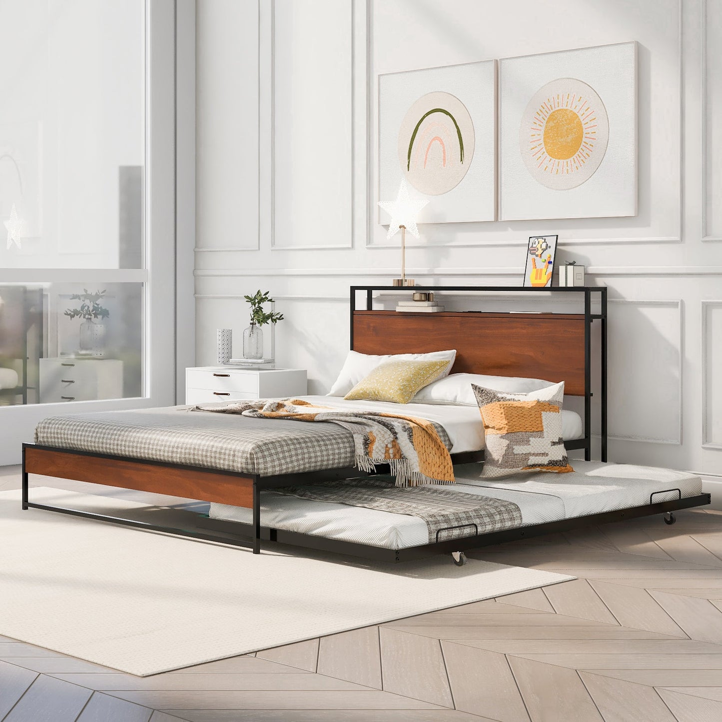 Cama de Plataforma de Metal Tamaño Queen con Trundle y Puertos USB - Negro