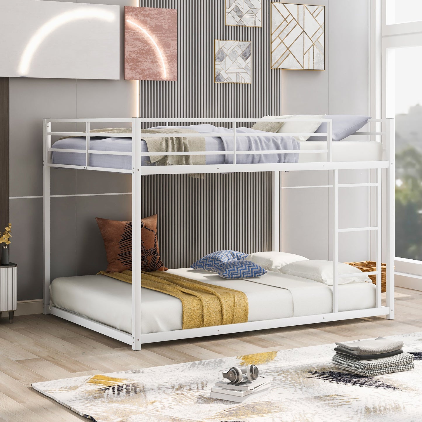 Full over Full Metal Bunk Bed, Low Bunk Bed with Ladder White - Korvel