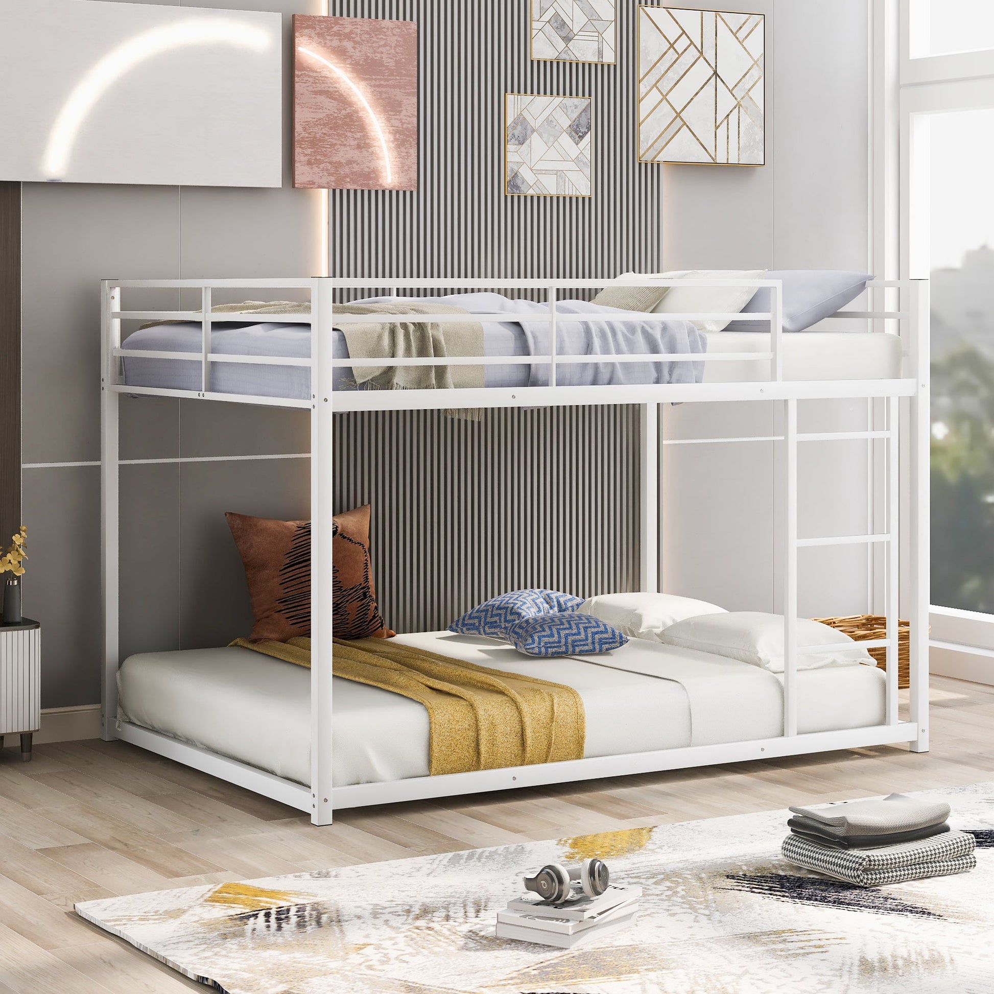Full over Full Metal Bunk Bed, Low Bunk Bed with Ladder White - Korvel