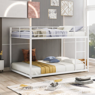 Full over Full Metal Bunk Bed, Low Bunk Bed with Ladder White - Korvel
