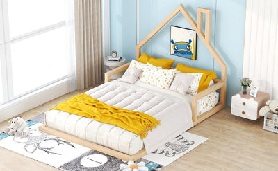 Full Size Wood Floor Bed with House-shaped Headboard  Natural - Korvel