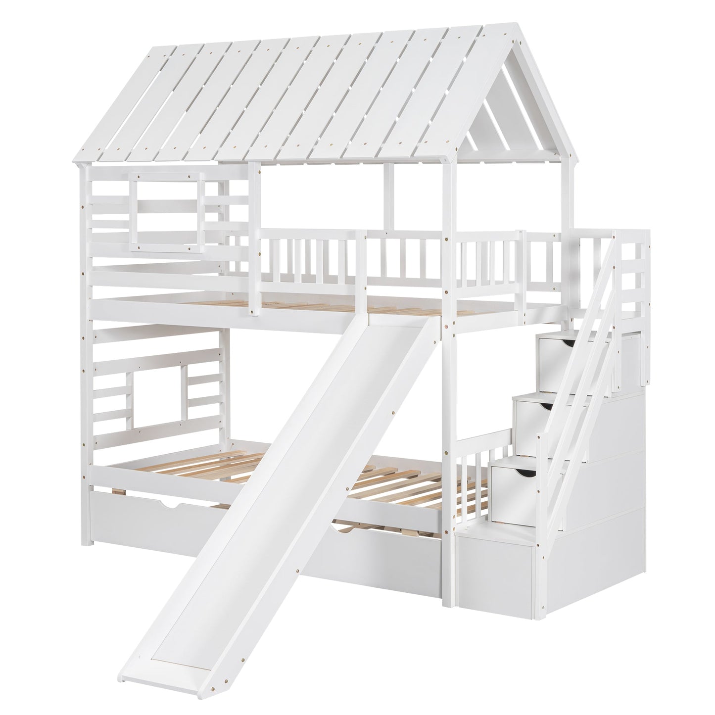 Twin over Twin House Bunk Bed with Trundle and Slide Storage Staircase Roof and Window Design  White - Korvel