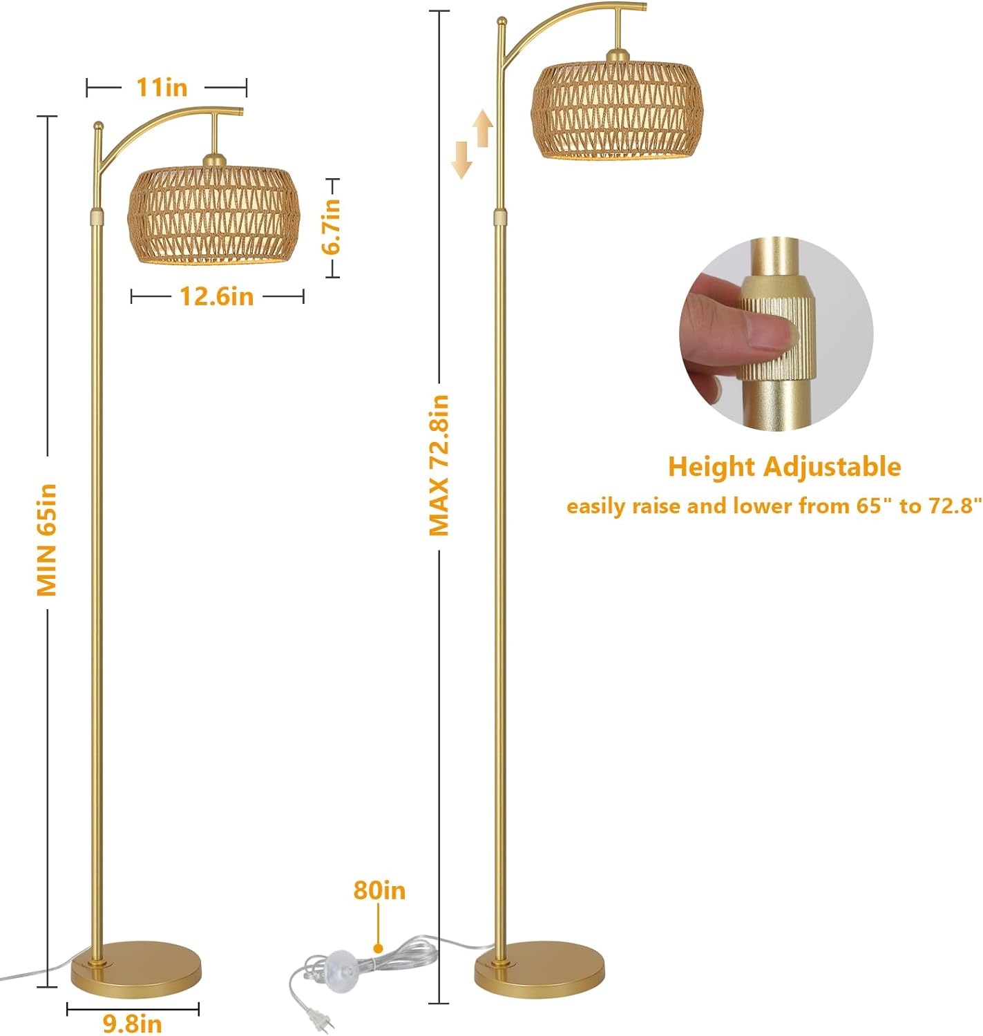 Arc Floor Lamp with 3 Color Temperatures, LED Gold Floor Lamp with Remote & Stepless Dimmable Bulb, Boho Standing Lamp - Korvel