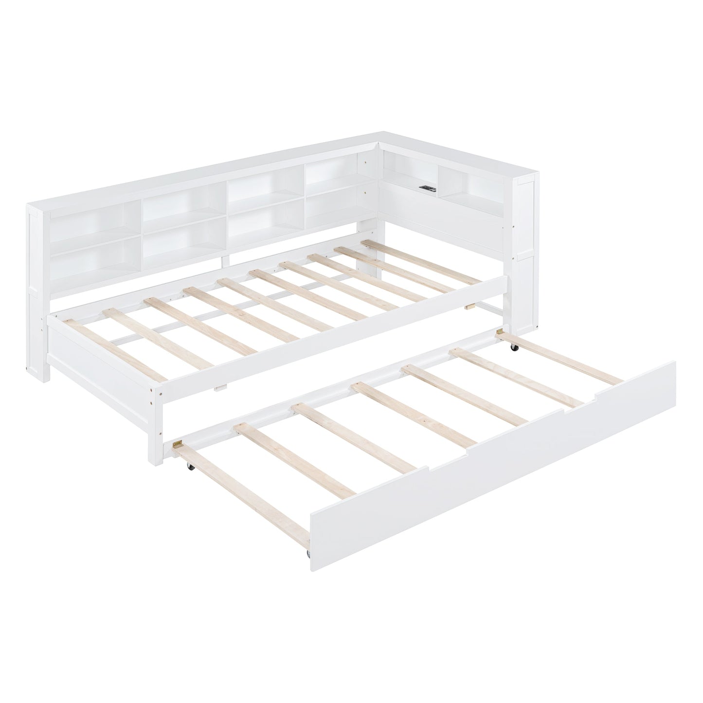 Wooden Twin Size DayBed with Twin Trundle, DayBed with Storage Shelf and USB Charging Ports,White - Korvel