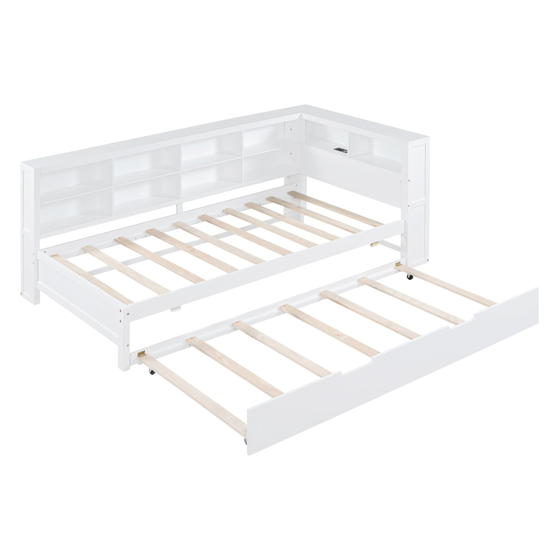 Wooden Twin Size DayBed with Twin Trundle, DayBed with Storage Shelf and USB Charging Ports,White - Korvel
