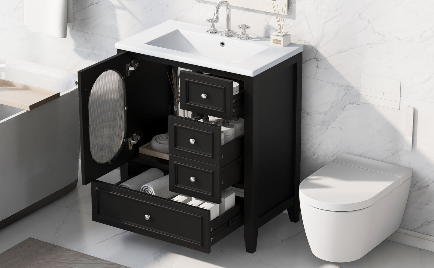 Meuble de salle de bain noir de 30" avec évier et rangement