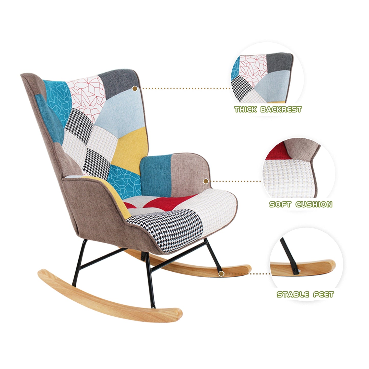 Mid Century Rocking Chair with Ottoman - Patchwork Linen