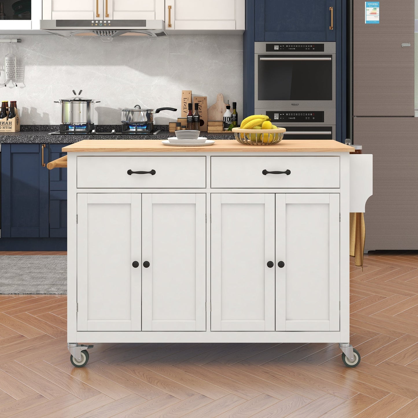 Kitchen Island Cart with Solid Wood Top and Locking Wheels 54.3 Inch Width  (White) - Korvel