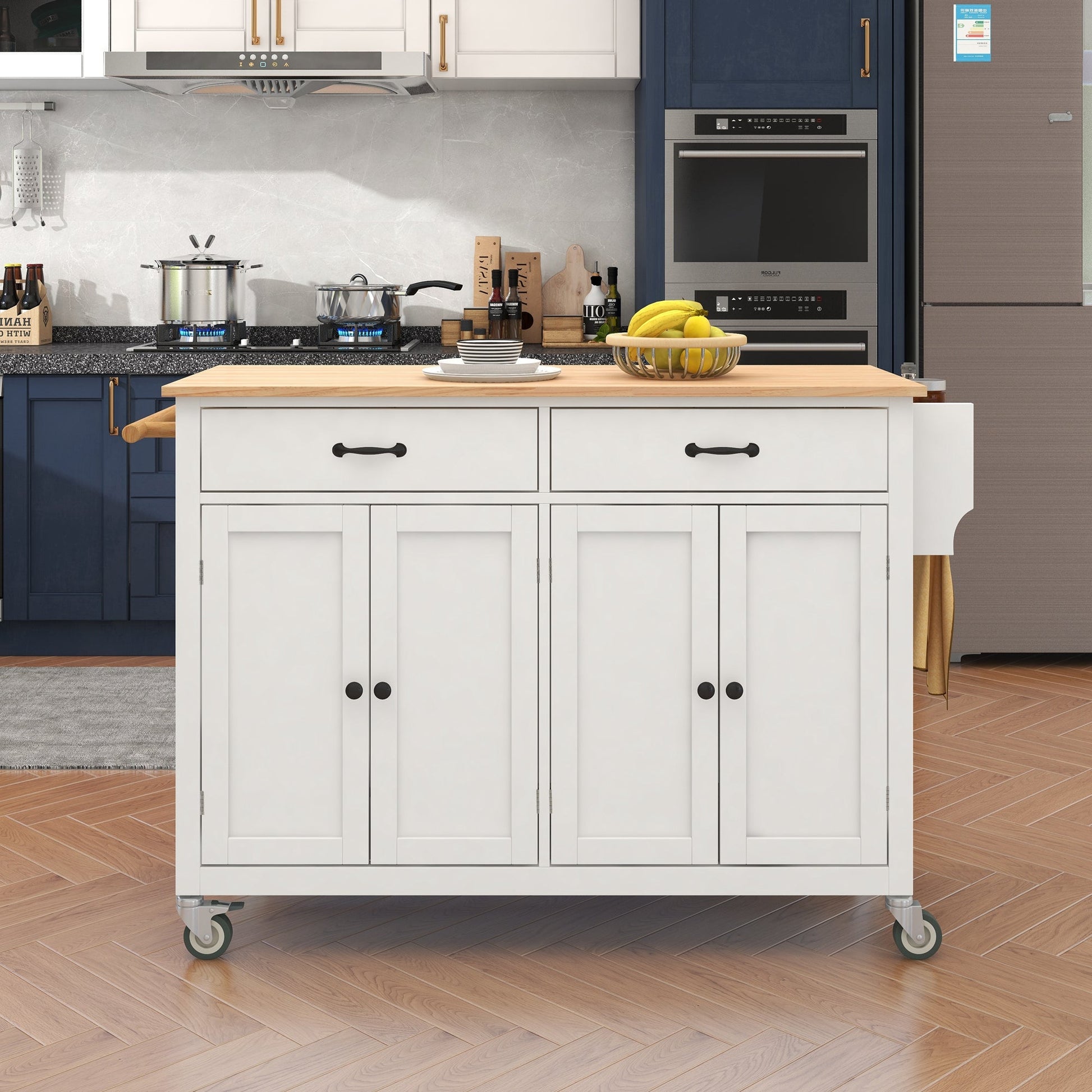 Kitchen Island Cart with Solid Wood Top and Locking Wheels 54.3 Inch Width  (White) - Korvel