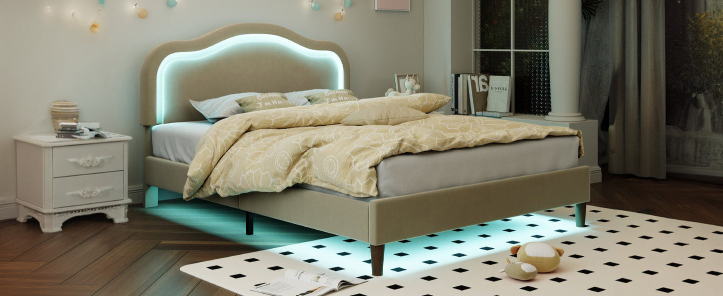 Full Size Velvet Upholstered Smart LED Bed Frame with Adjustable Height Headboard,No Box Spring Needed,Easy Assembly,Beige - Korvel