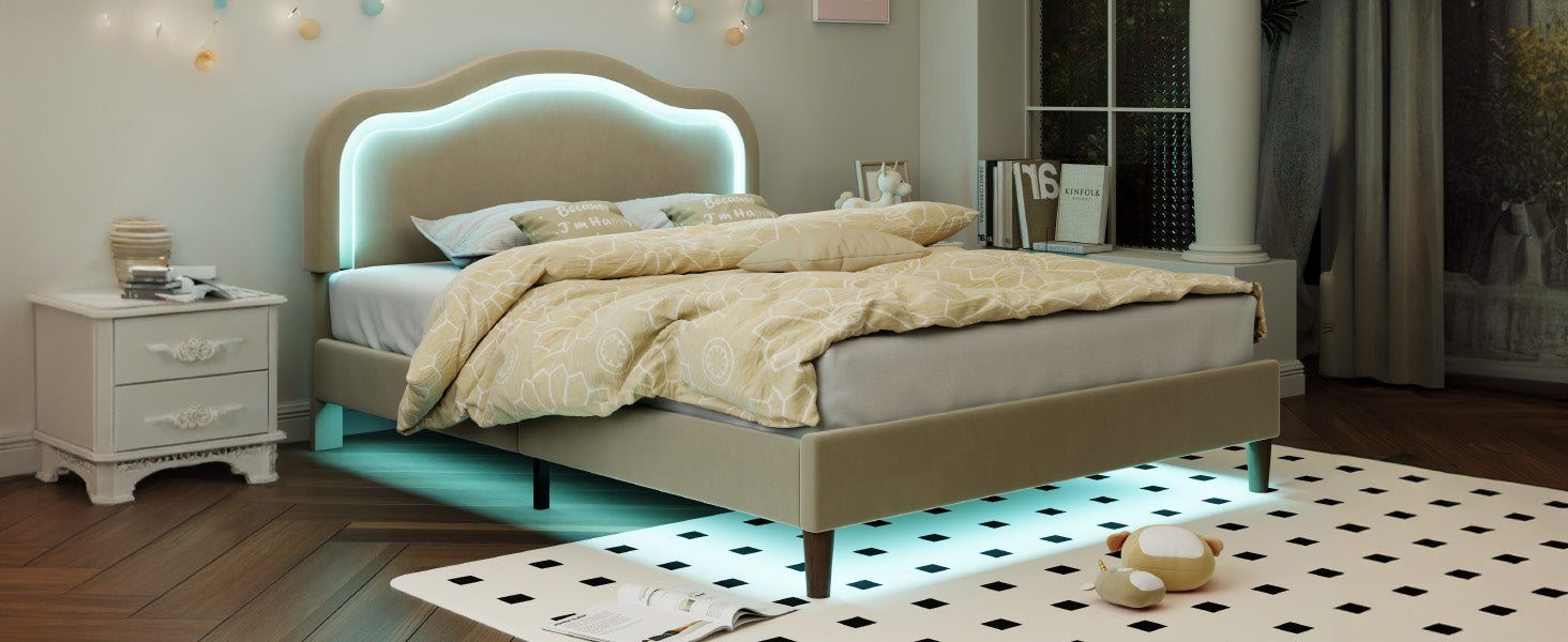 Full Size Velvet Upholstered Smart LED Bed Frame with Adjustable Height Headboard,No Box Spring Needed,Easy Assembly,Beige - Korvel