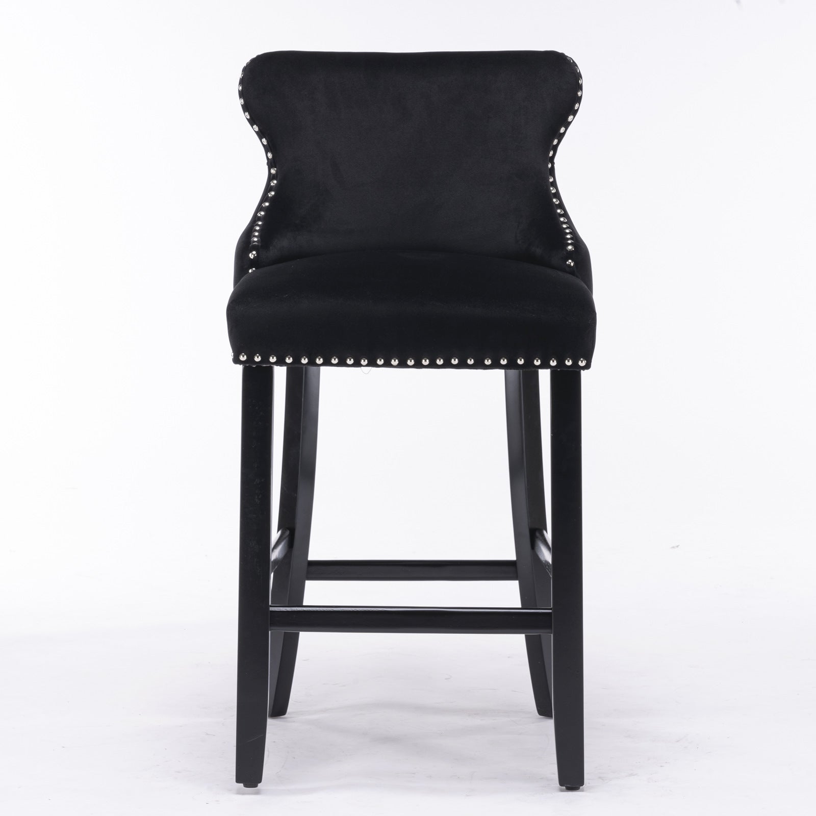 Velvet padded wing back bar stool with button cluster decoration and wooden leg chrome nail head decoration 2-piece set (black) - Korvel