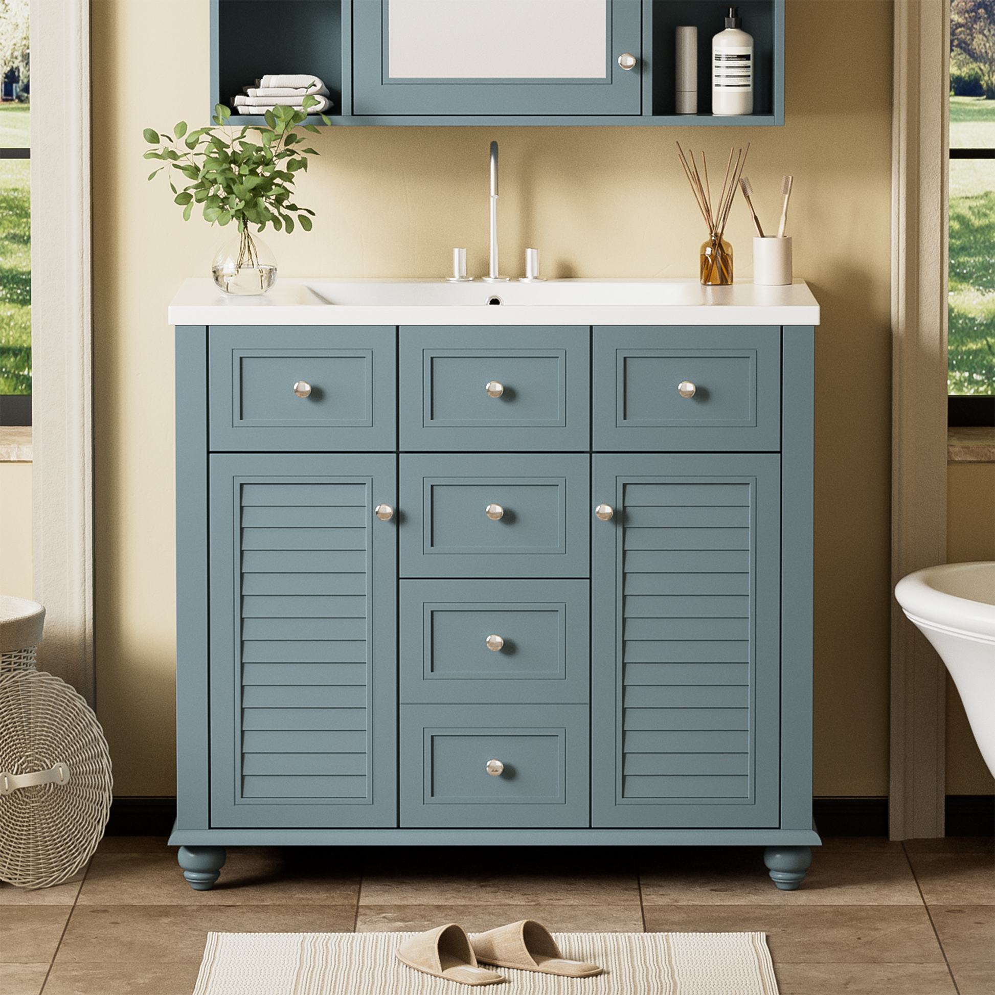 36 "bathroom makeup cabinet with resin sink combination and 2 drawers, with soft closing door, blue color - Korvel