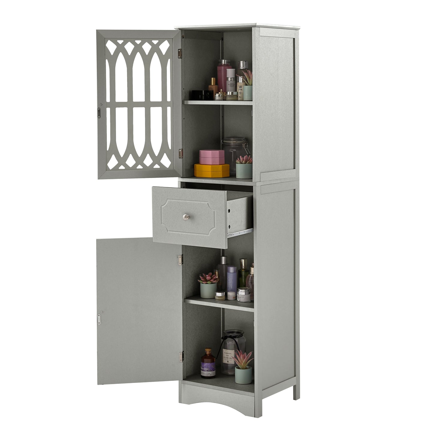 Tall Bathroom Cabinet, Freestanding Storage Cabinet with Drawer and Doors, MDF Board, Acrylic Door, Adjustable Shelf, Grey - Korvel