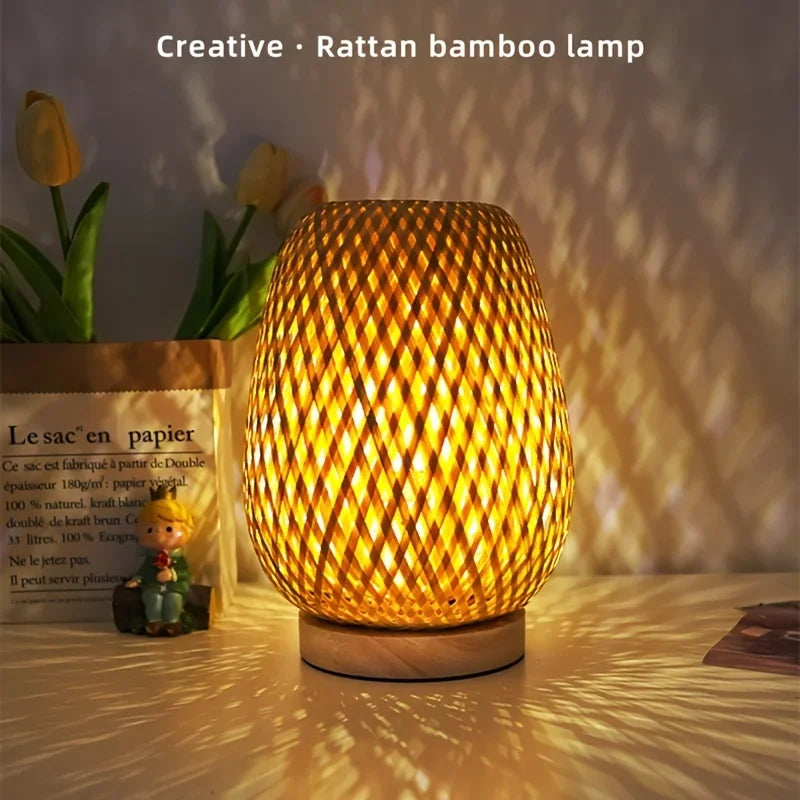 Retro Japanese Style Lamp Bamboo Woven Desk Lamp Handmade Rattan LED Desk Lamp Wooden House Decoration Light - Korvel