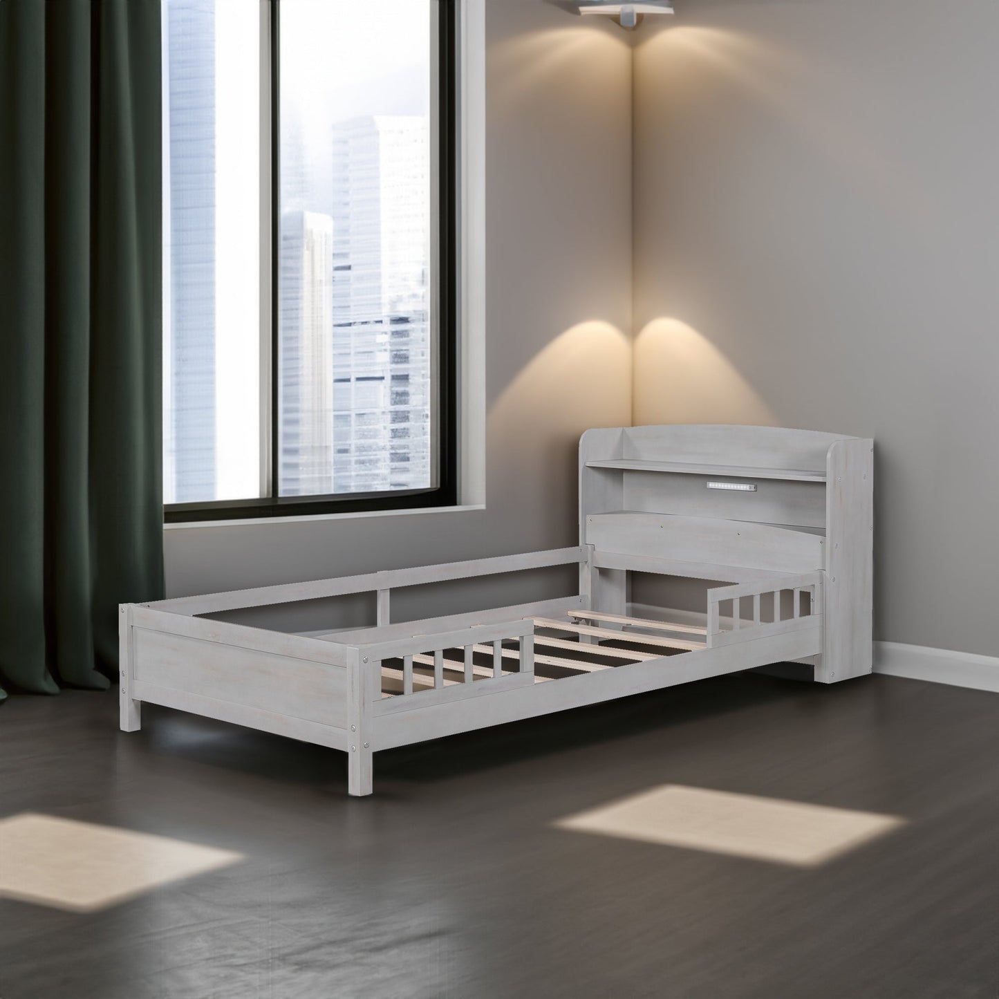 Wood Twin Size Platform Bed with Built-in LED Light  Storage Headboard and Guardrail Antique Grey - Korvel