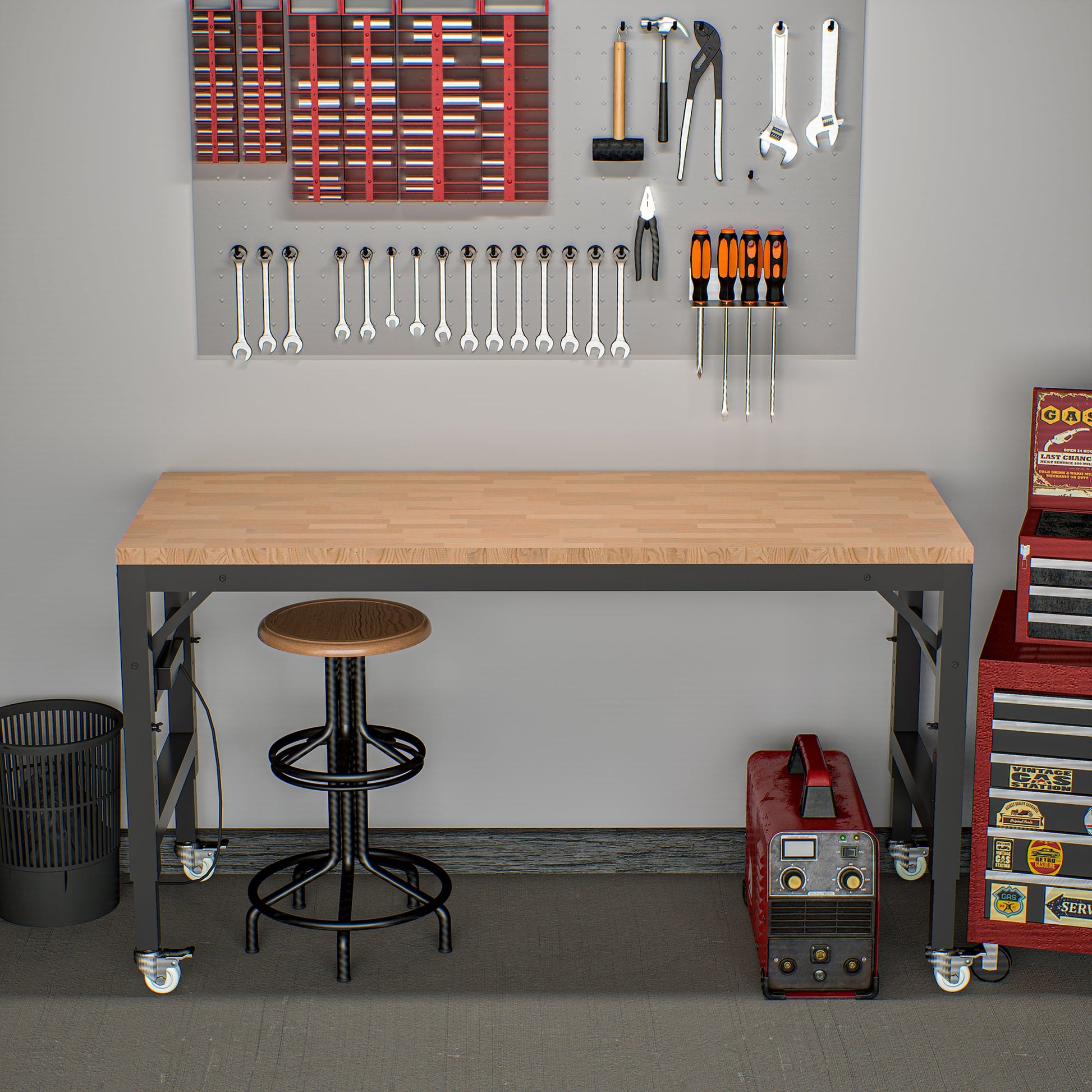60 inch adjustable garage workbench, rubber wood heavy-duty workstation with power socket and wheels, 2000 pound load capacity - Korvel